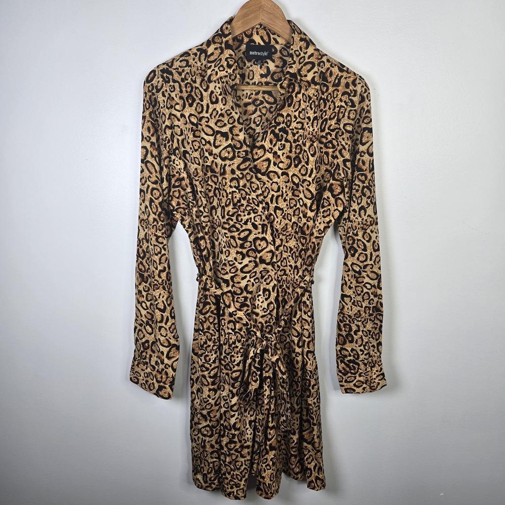 Metrostyle Dress Womens Large‎ Tall Animal Print Belted Button Down Long Sleeve